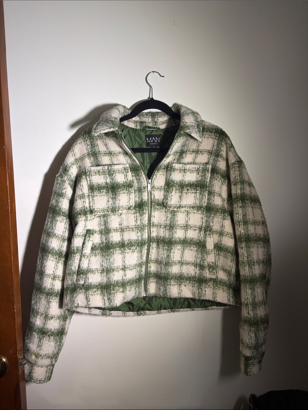 Boohoo Mens Cream and Green Plaid Teddy Bomber Jacket